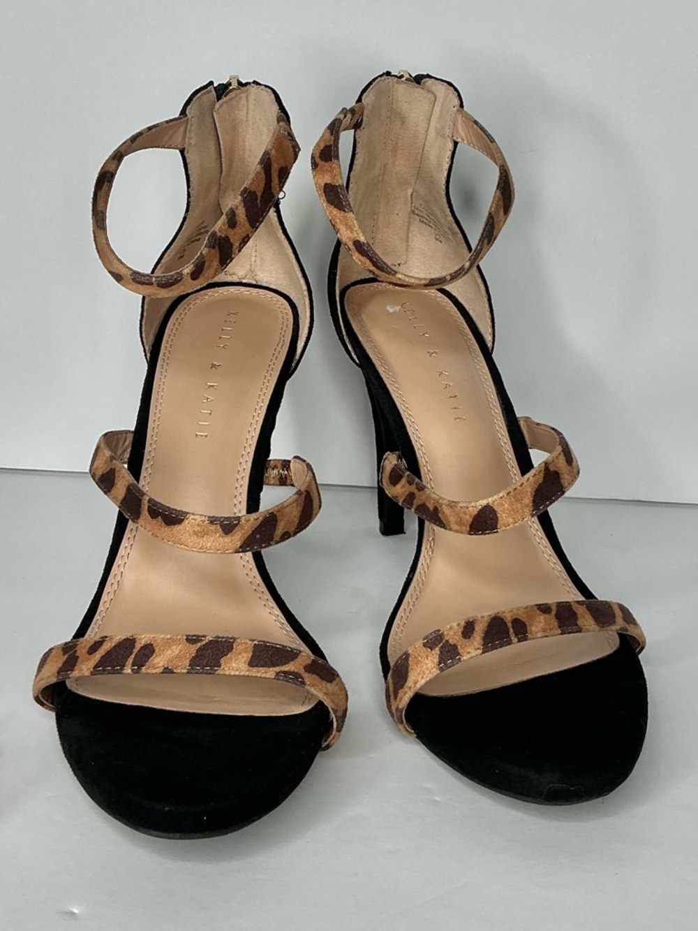 Kelly & Katie Black Suede Heels with Leopard Strap Accents Size 9 - Picture 2 of 5